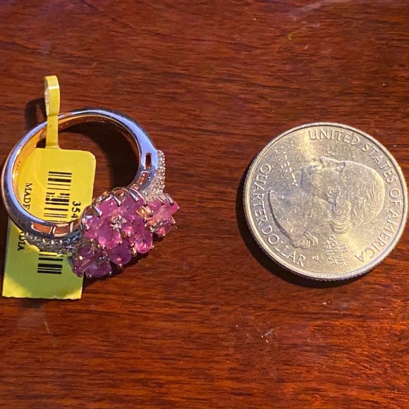 Pink Sapphire and Diamonds Floral Silver Ring, Size 8 - Picture 4 of 7